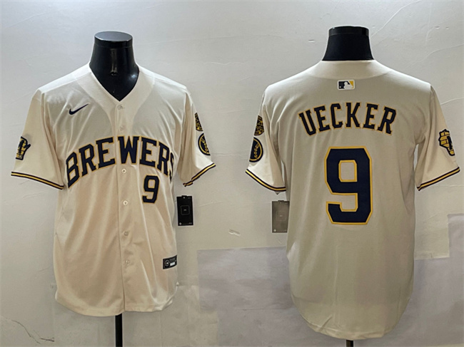 Men's Milwaukee Brewers #9 Bob Uecker Cream With Home Patch Limited Stitched Baseball Jersey Men's Milwaukee Brewers #9 Bob Uecker Cream With Home Patch Limited Stitched Baseball Jersey