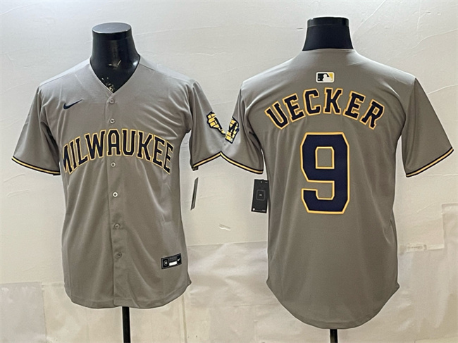 Men's Milwaukee Brewers #9 Bob Uecker Grey Home Limited Stitched Jersey Men's Milwaukee Brewers #9 Bob Uecker Grey Home Limited Stitched Jersey