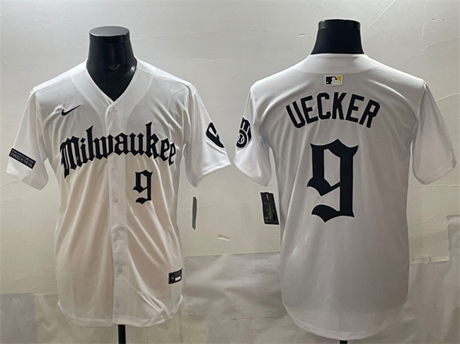 Men's Milwaukee Brewers #9 Bob Uecker White 'Gothic 414 Shadows Edition' Vapor Premier Limited Stitched Jersey Men's Milwaukee Brewers #9 Bob Uecker White 'Gothic 414 Shadows Edition' Vapor Premier Limited Stitched Jersey
