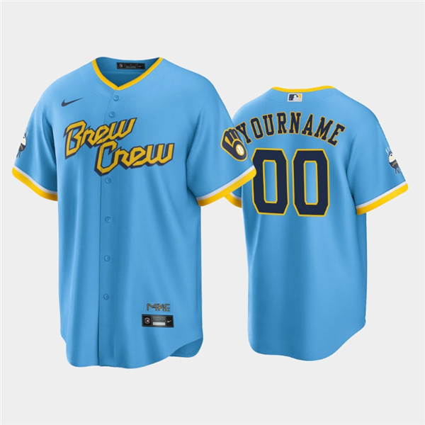 Men's Milwaukee Brewers Active Player Custom 2022 Powder Blue City Connect Cool Base Stitched Jersey Men's Milwaukee Brewers Active Player Custom 2022 Powder Blue City Connect Cool Base Stitched Jersey