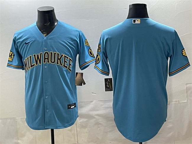 Men's Milwaukee Brewers Blank Blue With Home & Bob Uecker Patch Stitched Baseball Jersey Men's Milwaukee Brewers Blank Blue With Home & Bob Uecker Patch Stitched Baseball Jersey