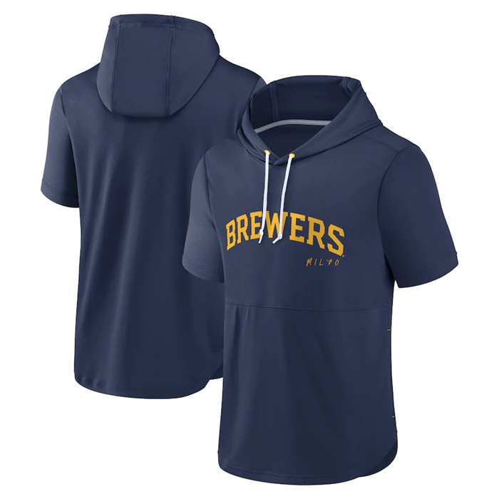 Men's Milwaukee Brewers Navy Sideline Training Hooded Performance T-Shirt Men's Milwaukee Brewers Navy Sideline Training Hooded Performance T-Shirt