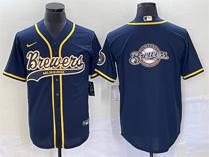 Men's Milwaukee Brewers Navy Team Big Logo Cool Base Stitched Jersey Men's Milwaukee Brewers Navy Team Big Logo Cool Base Stitched Jersey