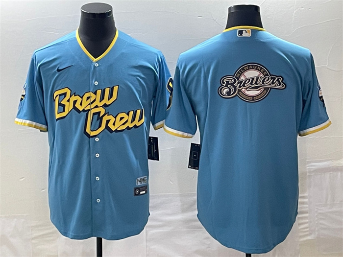 Men's Milwaukee Brewers Powder Blue Team Big Logo City Connect Cool Base Stitched Jersey Men's Milwaukee Brewers Powder Blue Team Big Logo City Connect Cool Base Stitched Jersey