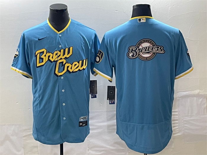Men's Milwaukee Brewers Powder Blue Team Big Logo City Connect Flex Base Stitched Jersey Men's Milwaukee Brewers Powder Blue Team Big Logo City Connect Flex Base Stitched Jersey