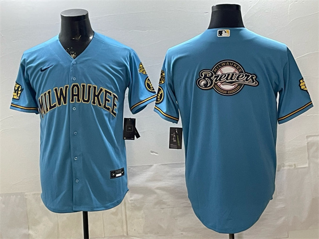 Men's Milwaukee Brewers Team Big Logo Blue With Home & Bob Uecker Patch Stitched Baseball Jersey Men's Milwaukee Brewers Team Big Logo Blue With Home & Bob Uecker Patch Stitched Baseball Jersey