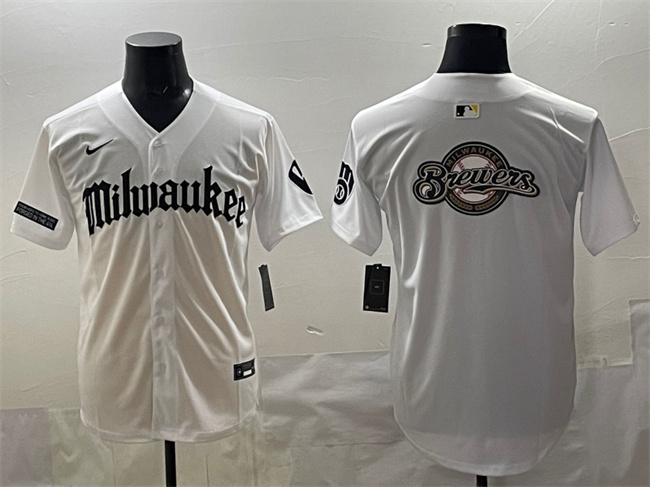 Men's Milwaukee Brewers Team Big Logo White 'Gothic 414 Shadows Edition' Vapor Premier Limited Stitched Jersey Men's Milwaukee Brewers Team Big Logo White 'Gothic 414 Shadows Edition' Vapor Premier Limited Stitched Jersey