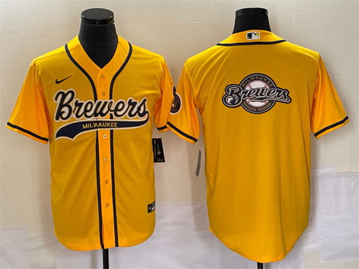 Men's Milwaukee Brewers Yellow Team Big Logo Cool Base Stitched Jersey Men's Milwaukee Brewers Yellow Team Big Logo Cool Base Stitched Jersey