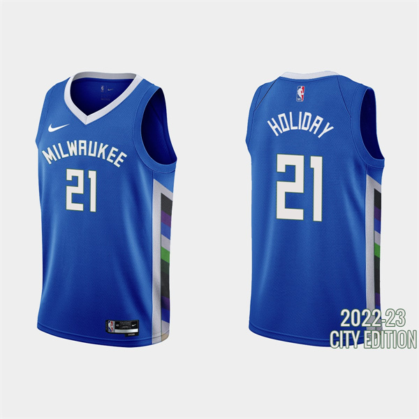 Men's Milwaukee Bucks #21 Jrue Holiday 2022-23 Blue City Edition Stitched Basketball Jersey Men's Milwaukee Bucks #21 Jrue Holiday 2022-23 Blue City Edition Stitched Basketball Jersey