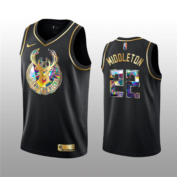 Men's Milwaukee Bucks #22 Khris Middleton 2021 22 Black Golden Edition 75th Anniversary Diamond Logo Stitched Basketball Jersey Men's Milwaukee Bucks #22 Khris Middleton 2021 22 Black Golden Edition 75th Anniversary Diamond Logo Stitched Basketball Jersey