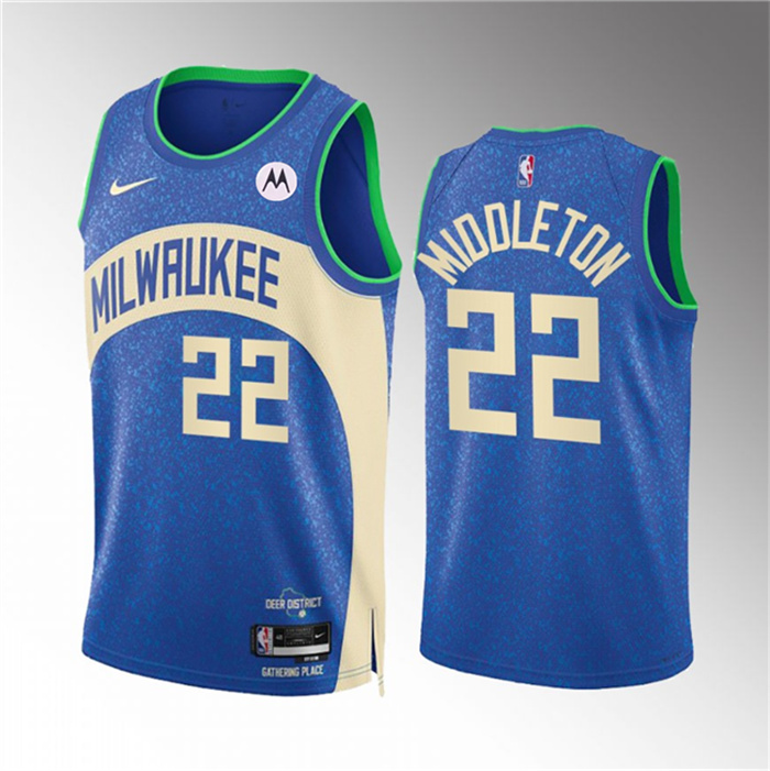 Men's Milwaukee Bucks #22 Khris Middleton 2023 24 Blue City Edition Stitched Basketball Jersey Men's Milwaukee Bucks #22 Khris Middleton 2023 24 Blue City Edition Stitched Basketball Jersey