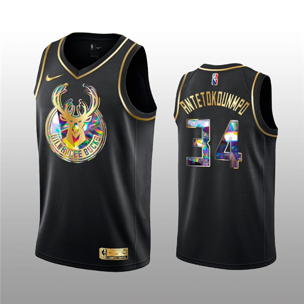 Men's Milwaukee Bucks #34 Giannis Antetokounmpo 2021 22 Black Golden Edition 75th Anniversary Diamond Logo Stitched Basketball Jersey Men's Milwaukee Bucks #34 Giannis Antetokounmpo 2021 22 Black Golden Edition 75th Anniversary Diamond Logo Stitched Basketball Jersey