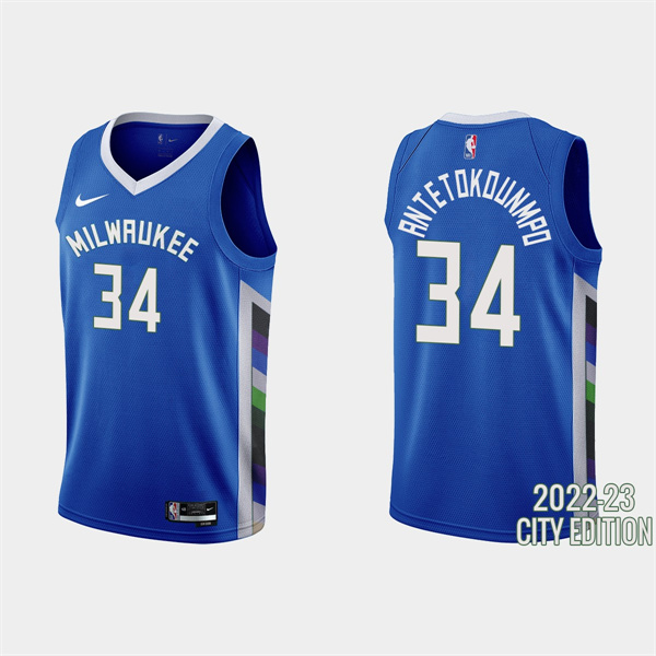Men's Milwaukee Bucks #34 Giannis Antetokounmpo 2022-23 Blue City Edition Stitched Basketball Jersey Men's Milwaukee Bucks #34 Giannis Antetokounmpo 2022-23 Blue City Edition Stitched Basketball Jersey
