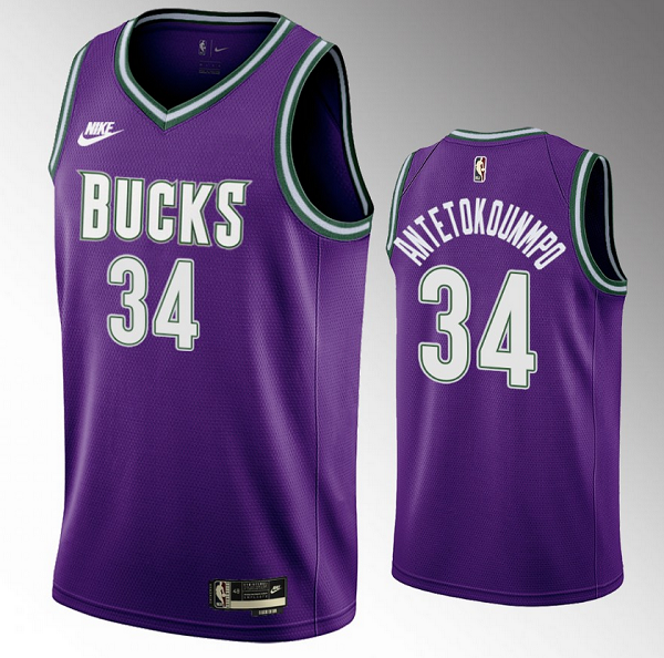 Men's Milwaukee Bucks #34 Giannis Antetokounmpo 2022 23 Purple Classic Edition Swingman Stitched Basketball Jersey Men's Milwaukee Bucks #34 Giannis Antetokounmpo 2022 23 Purple Classic Edition Swingman Stitched Basketball Jersey