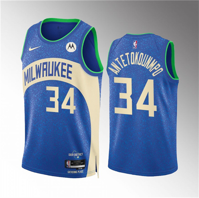 Men's Milwaukee Bucks #34 Giannis Antetokounmpo 2023 24 Blue City Edition Stitched Basketball Jersey Men's Milwaukee Bucks #34 Giannis Antetokounmpo 2023 24 Blue City Edition Stitched Basketball Jersey