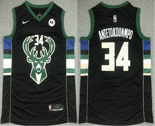 Men's Milwaukee Bucks #34 Giannis Antetokounmpo Black 2021 Nike Swingman Stitched Jersey With NEW Sponsor Logo Men's Milwaukee Bucks #34 Giannis Antetokounmpo Black 2021 Nike Swingman Stitched Jersey With NEW Sponsor Logo