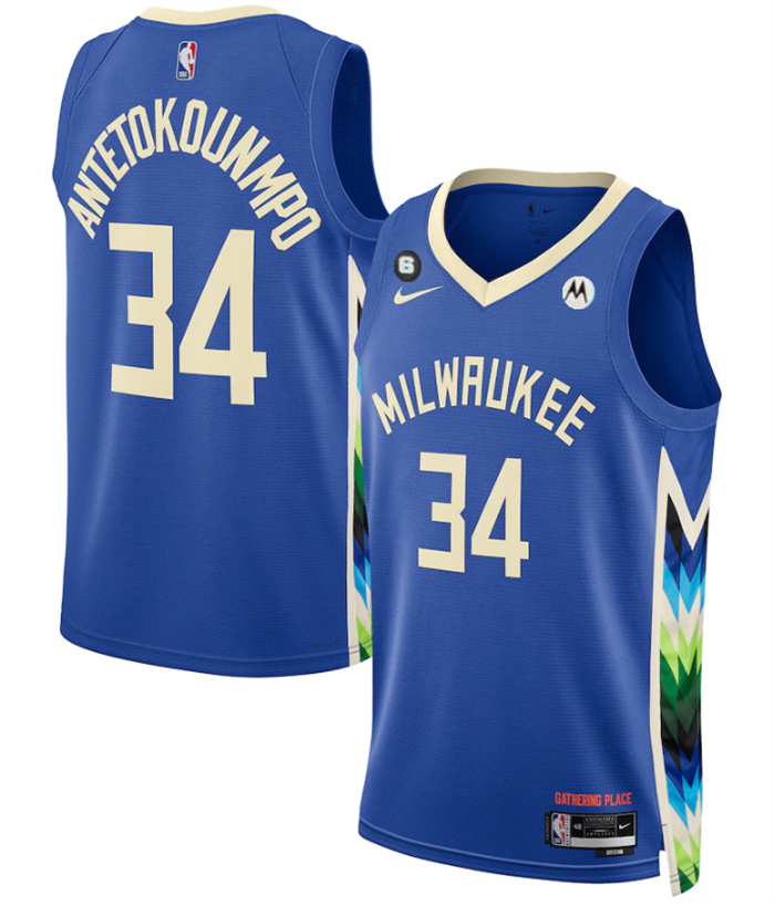 Men's Milwaukee Bucks #34 Giannis Antetokounmpo Blue 2022 23 City Edition With NO.6 Patch Stitched Basketball Jersey Men's Milwaukee Bucks #34 Giannis Antetokounmpo Blue 2022 23 City Edition With NO.6 Patch Stitched Basketball Jersey