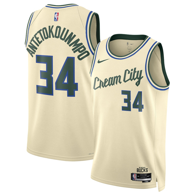 Men's Milwaukee Bucks #34 Giannis Antetokounmpo Cream 2025 26 City Edition Stitched Basketball Jersey Men's Milwaukee Bucks #34 Giannis Antetokounmpo Cream 2025 26 City Edition Stitched Basketball Jersey