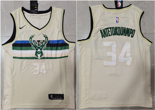 Men's Milwaukee Bucks #34 Giannis Antetokounmpo Cream Stitched Jersey Men's Milwaukee Bucks #34 Giannis Antetokounmpo Cream Stitched Jersey