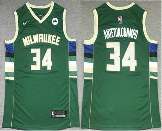 Men's Milwaukee Bucks #34 Giannis Antetokounmpo Green 2021 Nike Swingman Stitched Jersey With NEW Sponsor Logo Men's Milwaukee Bucks #34 Giannis Antetokounmpo Green 2021 Nike Swingman Stitched Jersey With NEW Sponsor Logo