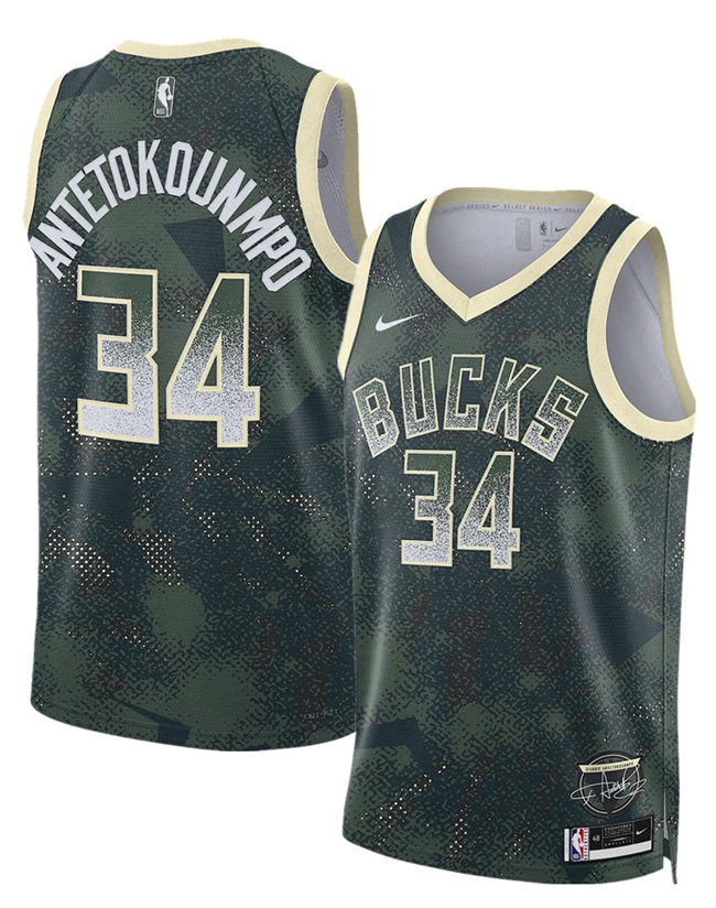 Men's Milwaukee Bucks #34 Giannis Antetokounmpo Green 2025 Select Series Swingman Stitched Basketball Jersey Men's Milwaukee Bucks #34 Giannis Antetokounmpo Green 2025 Select Series Swingman Stitched Basketball Jersey