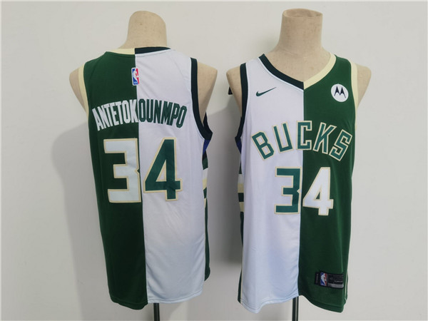 Men's Milwaukee Bucks #34 Giannis Antetokounmpo Green White Split Stitched Basketball Jersey Men's Milwaukee Bucks #34 Giannis Antetokounmpo Green White Split Stitched Basketball Jersey