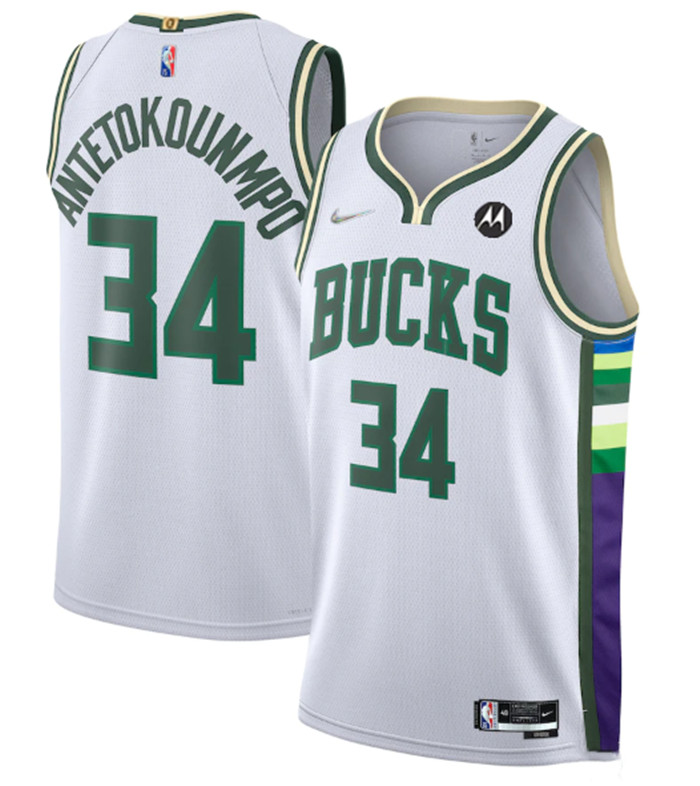 Men's Milwaukee Bucks #34 Giannis Antetokounmpo White 2021 22 75th Anniversary Swingman City Edition Stitched Jersey Men's Milwaukee Bucks #34 Giannis Antetokounmpo White 2021 22 75th Anniversary Swingman City Edition Stitched Jersey