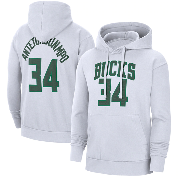 Men's Milwaukee Bucks #34 Giannis Antetokounmpo White Pullover Hoodie Men's Milwaukee Bucks #34 Giannis Antetokounmpo White Pullover Hoodie