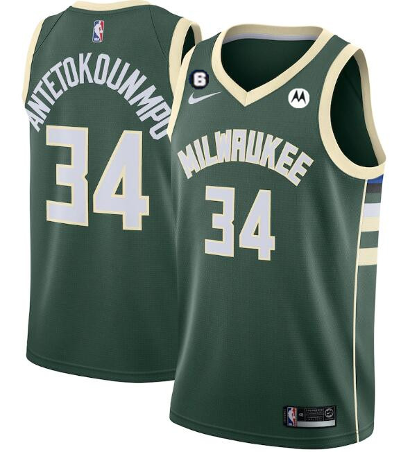 Men's Milwaukee Bucks #34 Giannis Antetokounmpo White With No.6 Patch Stitched Basketball Jersey Men's Milwaukee Bucks #34 Giannis Antetokounmpo White With No.6 Patch Stitched Basketball Jersey
