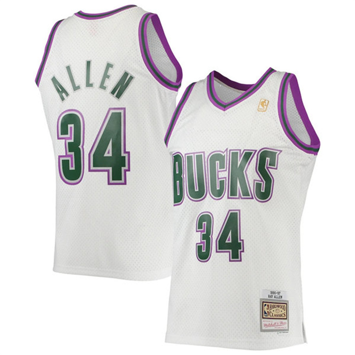 Men's Milwaukee Bucks #34 Ray Allen White 1996-97 Swingman Stitched Jersey Men's Milwaukee Bucks #34 Ray Allen White 1996-97 Swingman Stitched Jersey