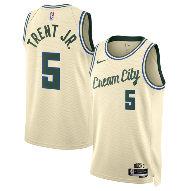 Men's Milwaukee Bucks #5 Gary Trent Jr. Cream 2025 26 City Edition Stitched Basketball Jersey Men's Milwaukee Bucks #5 Gary Trent Jr. Cream 2025 26 City Edition Stitched Basketball Jersey