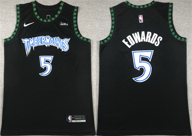Men's Minnesota Timberwolves #5 Anthony Edwards Black City Edition Stitched Jersey Men's Minnesota Timberwolves #5 Anthony Edwards Black City Edition Stitched Jersey