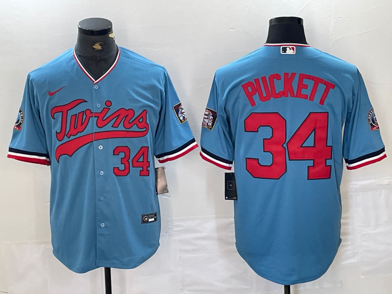 Men's Minnesota Twins #34 Kirby Puckett Light Blue Pullover Throwback Cooperstown Nike Jersey