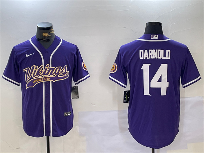 Men's Minnesota Vikings #14 Sam Darnold Purple Cool Base Stitched Baseball Jersey Men's Minnesota Vikings #14 Sam Darnold Purple Cool Base Stitched Baseball Jersey
