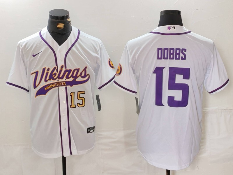 Men's Minnesota Vikings #15 Joshua Dobbs White Cool Base Stitched Baseball Jersey 1 Men's Minnesota Vikings #15 Joshua Dobbs White Cool Base Stitched Baseball Jersey 1