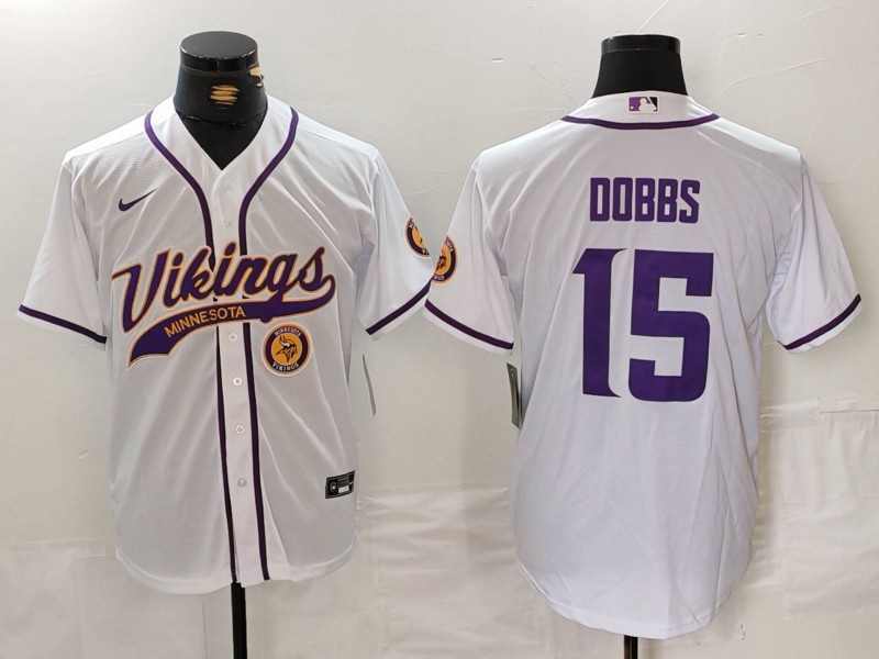 Men's Minnesota Vikings #15 Joshua Dobbs White Cool Base Stitched Baseball Jersey 2、