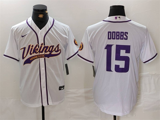 Men's Minnesota Vikings #15 Joshua Dobbs White Cool Base Stitched Baseball Jersey Men's Minnesota Vikings #15 Joshua Dobbs White Cool Base Stitched Baseball Jersey