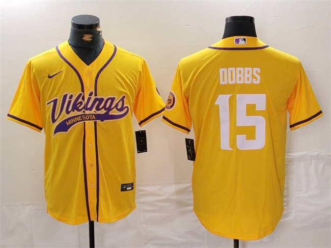 Men's Minnesota Vikings #15 Joshua Dobbs Yellow Cool Base Stitched Baseball Jersey Men's Minnesota Vikings #15 Joshua Dobbs Yellow Cool Base Stitched Baseball Jersey