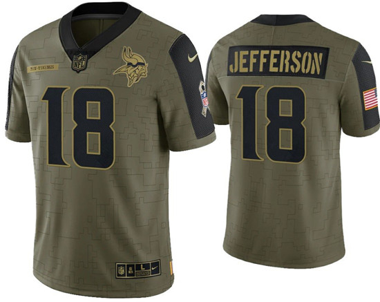 Men's Minnesota Vikings #18 Justin Jefferson 2021 Olive Salute To Service Limited Stitched Jersey