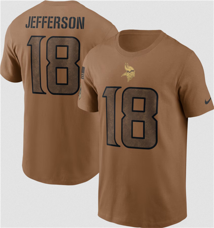Men's Minnesota Vikings #18 Justin Jefferson 2023 Brown Salute To Service Name & Number T-Shirt Men's Minnesota Vikings #18 Justin Jefferson 2023 Brown Salute To Service Name & Number T-Shirt