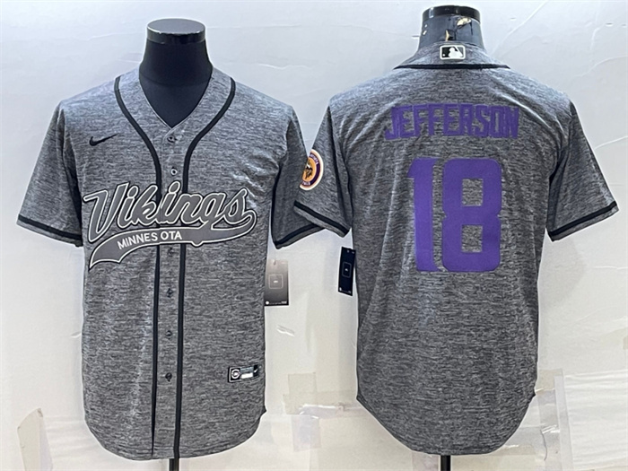 Men's Minnesota Vikings #18 Justin Jefferson Grey With Patch Cool Base Stitched Baseball Jersey Men's Minnesota Vikings #18 Justin Jefferson Grey With Patch Cool Base Stitched Baseball Jersey