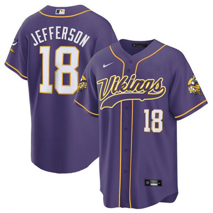 Men's Minnesota Vikings #18 Justin Jefferson Purple Cool Base Stitched Baseball Jersey Men's Minnesota Vikings #18 Justin Jefferson Purple Cool Base Stitched Baseball Jersey