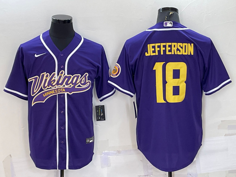 Men's Minnesota Vikings #18 Justin Jefferson Purple Gold With Patch Cool Base Stitched Baseball Jersey Men's Minnesota Vikings #18 Justin Jefferson Purple Gold With Patch Cool Base Stitched Baseball Jersey
