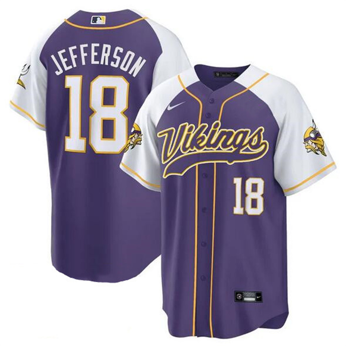 Men's Minnesota Vikings #18 Justin Jefferson Purple White Cool Base Stitched Baseball Jersey Men's Minnesota Vikings #18 Justin Jefferson Purple White Cool Base Stitched Baseball Jersey