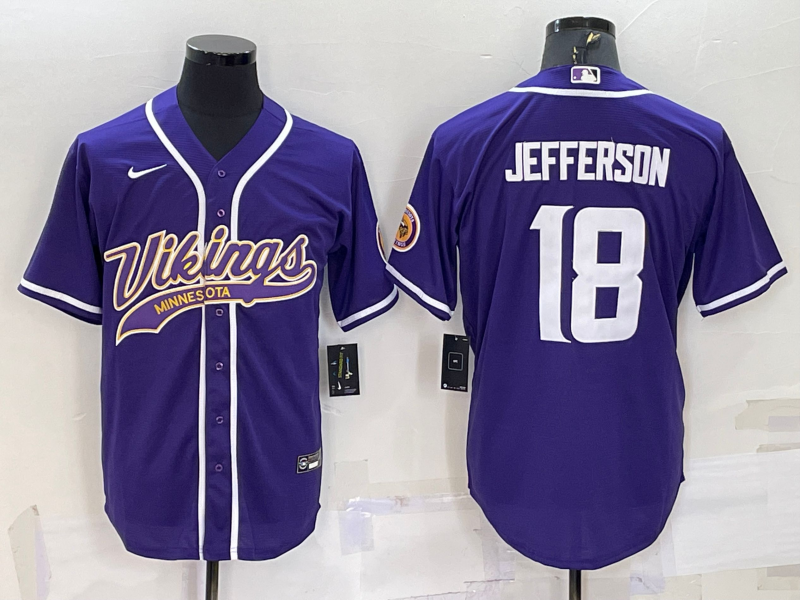 Men's Minnesota Vikings #18 Justin Jefferson Purple With Patch Cool Base Stitched Baseball Jersey Men's Minnesota Vikings #18 Justin Jefferson Purple With Patch Cool Base Stitched Baseball Jersey