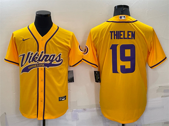 Men's Minnesota Vikings #19 Adam Thielen Gold With Patch Cool Base Stitched Baseball Jersey Men's Minnesota Vikings #19 Adam Thielen Gold With Patch Cool Base Stitched Baseball Jersey