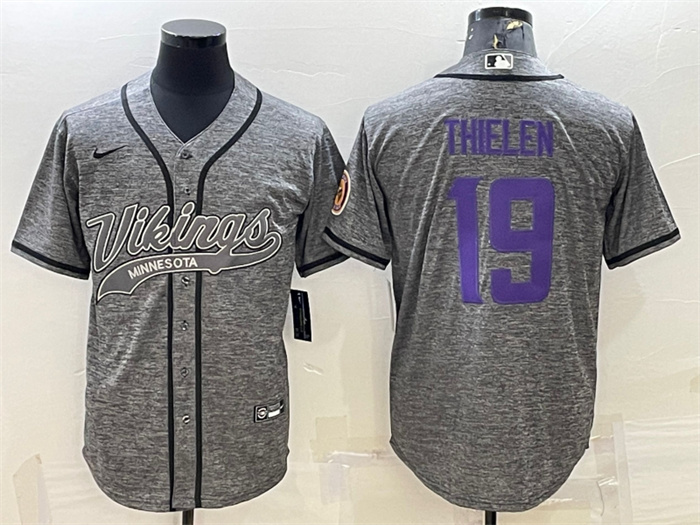 Men's Minnesota Vikings #19 Adam Thielen Grey With Patch Cool Base Stitched Baseball Jersey Men's Minnesota Vikings #19 Adam Thielen Grey With Patch Cool Base Stitched Baseball Jersey
