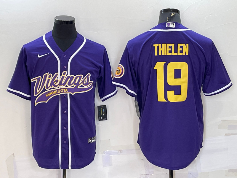 Men's Minnesota Vikings #19 Adam Thielen Purple Gold With Patch Cool Base Stitched Baseball Jersey Men's Minnesota Vikings #19 Adam Thielen Purple Gold With Patch Cool Base Stitched Baseball Jersey