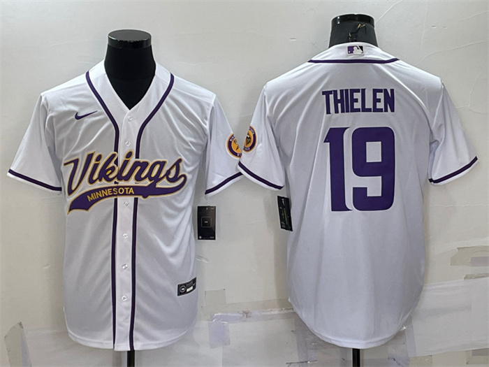 Men's Minnesota Vikings #19 Adam Thielen White With Patch Cool Base Stitched Baseball Jersey Men's Minnesota Vikings #19 Adam Thielen White With Patch Cool Base Stitched Baseball Jersey