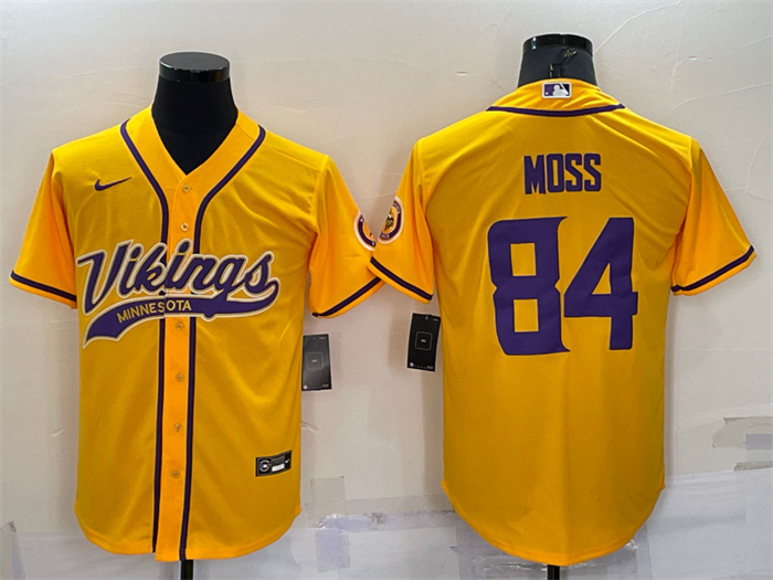 Men's Minnesota Vikings #84 Randy Moss Gold With Patch Cool Base Stitched Baseball Jersey Men's Minnesota Vikings #84 Randy Moss Gold With Patch Cool Base Stitched Baseball Jersey